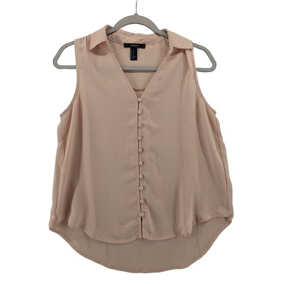 Forever 21 Button Front Blouse Small Peach Sleeveless Collared Hi Low VNeck Work - Picture 8 of 8